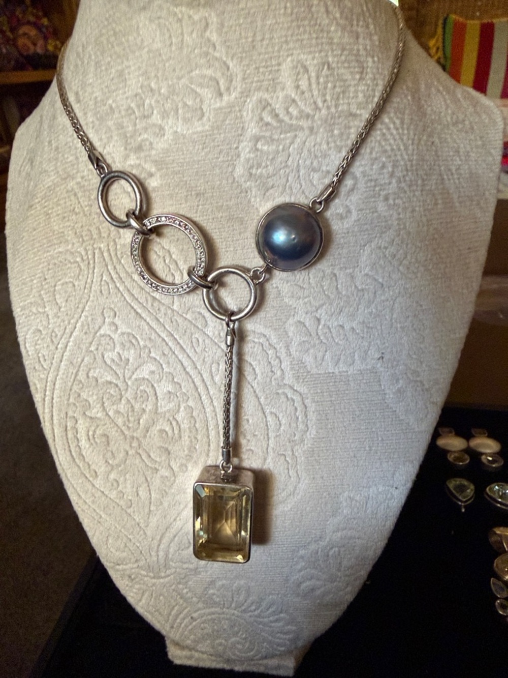 Silver-Tone Pendant Necklace with Blue Pearl and Champagne Crystal